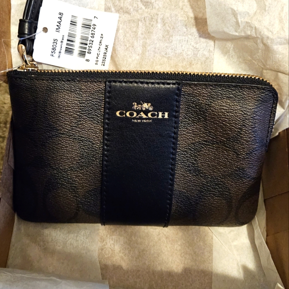 Coach Black Signature Leather Wristlet with Gold Logo